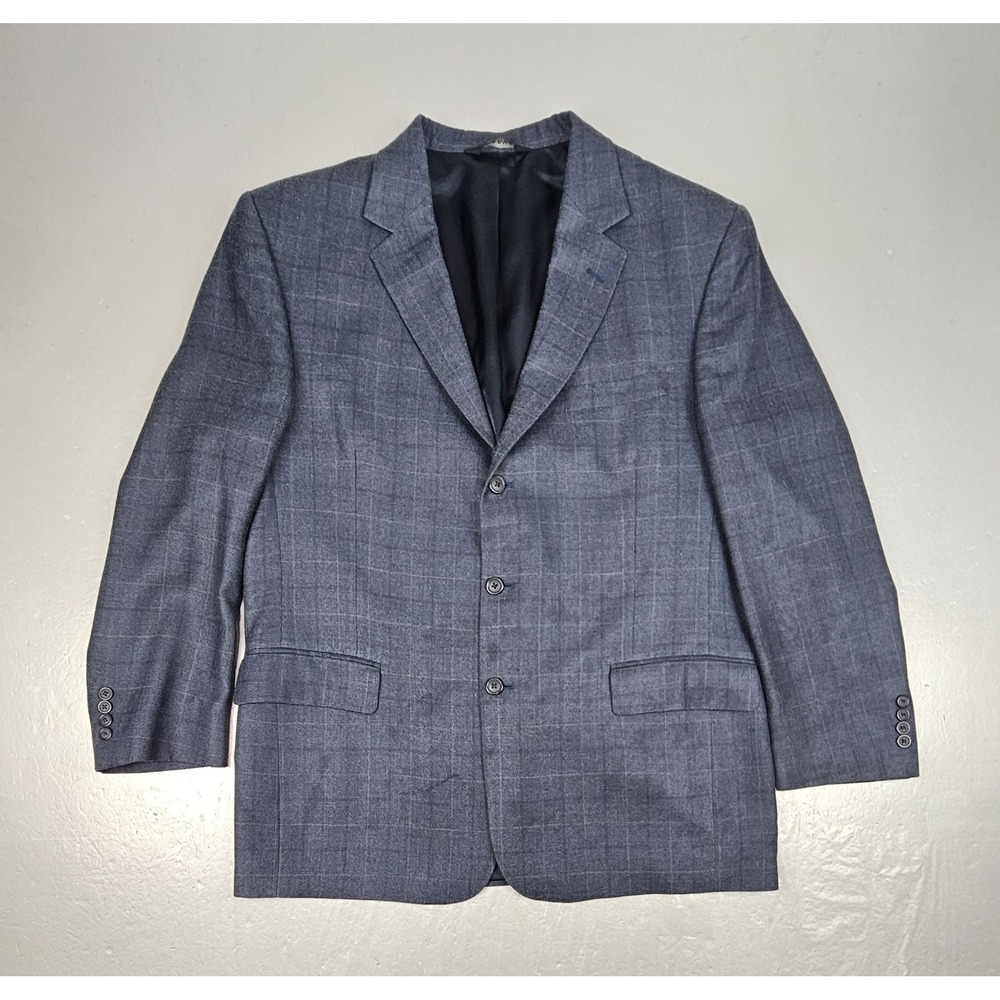 Jos A Bank Blazer Mens 44R Blue Silk Wool Blend Windowpane Plaid Sport Coat